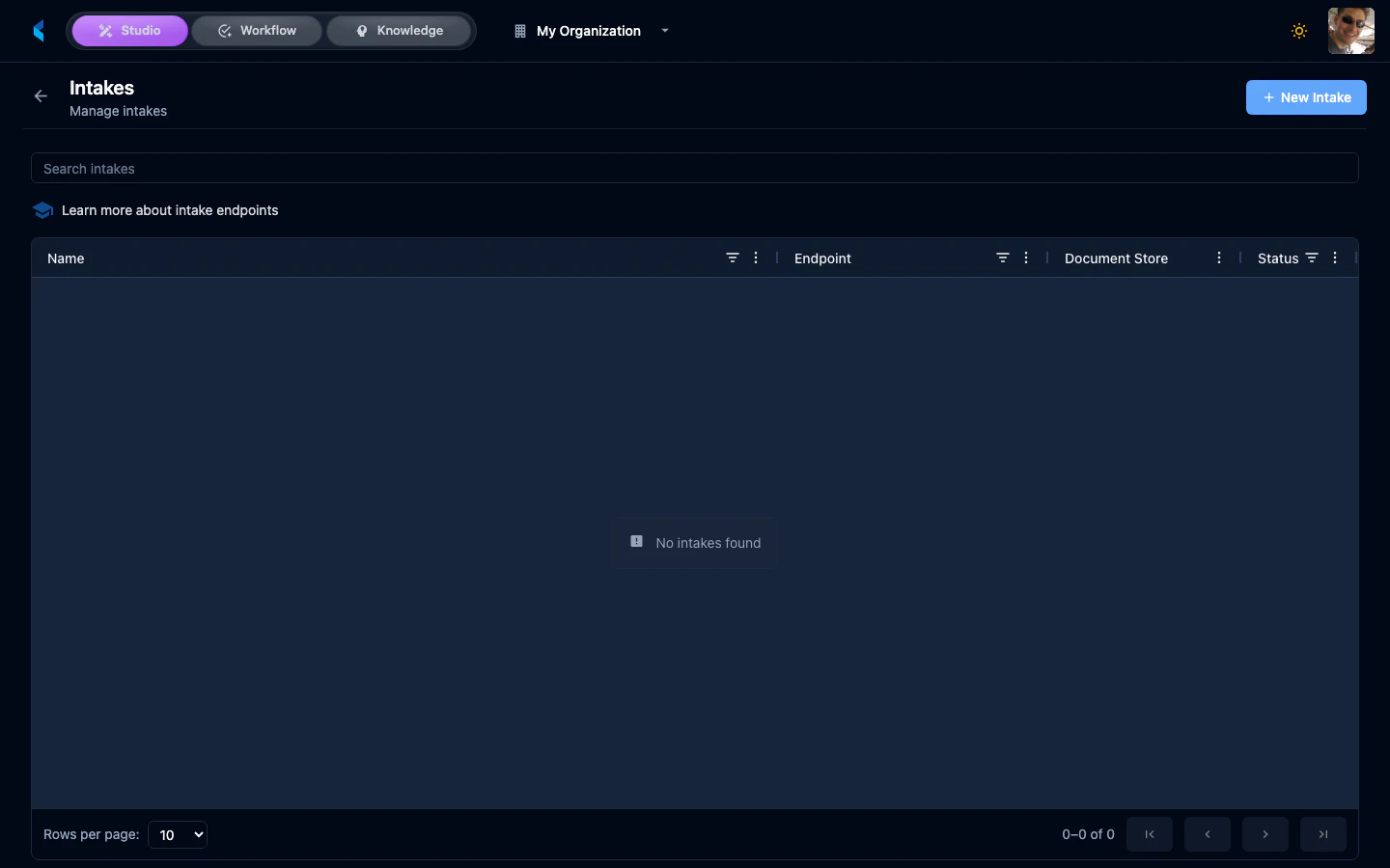 Intakes page showing configured intake endpoints with names, target stores, and status