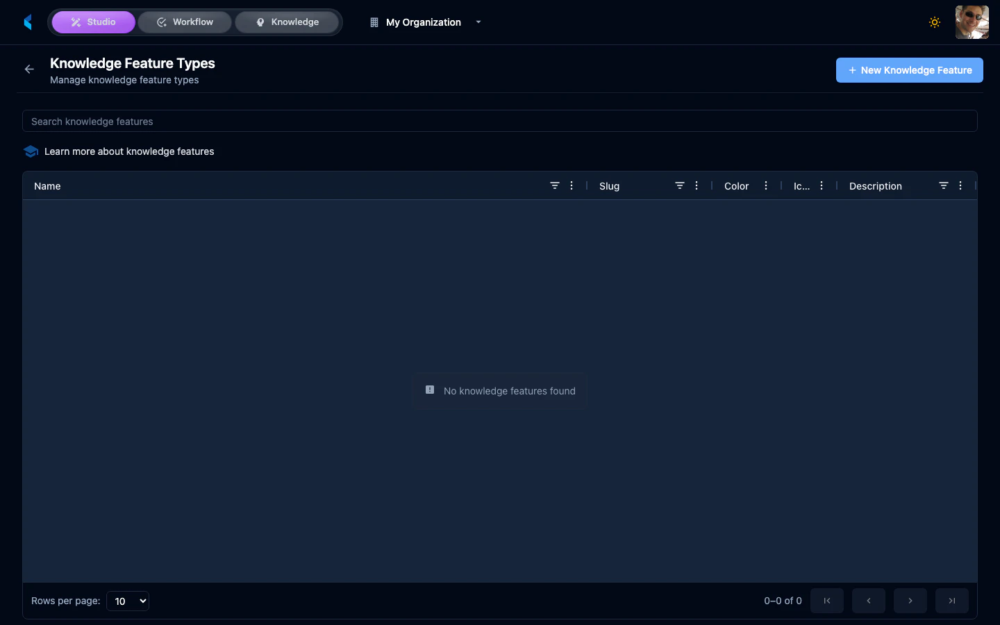 Knowledge Feature Types page showing list of configured feature types