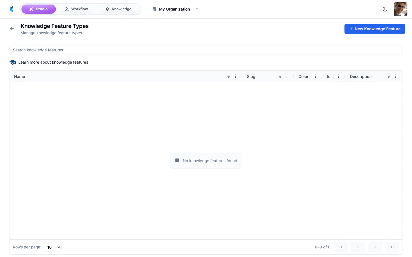 Knowledge Feature Types page showing list of configured feature types