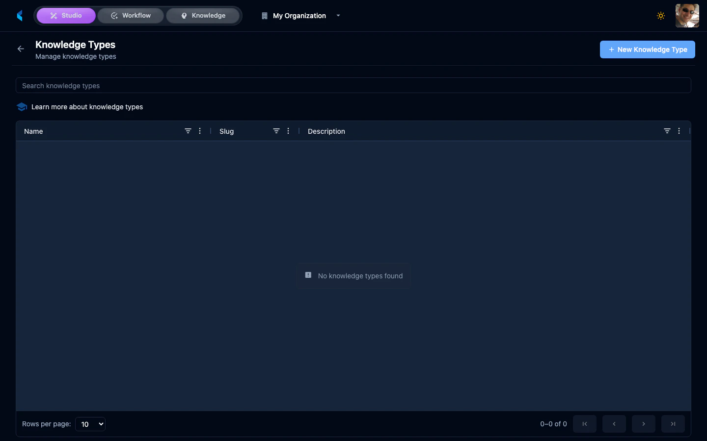 Knowledge Types page showing list of configured knowledge item types