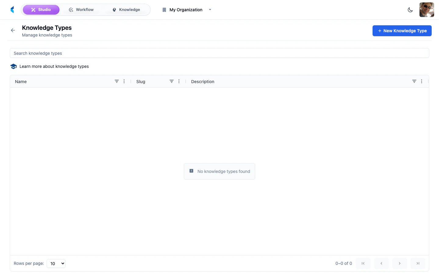 Knowledge Types page showing list of configured knowledge item types