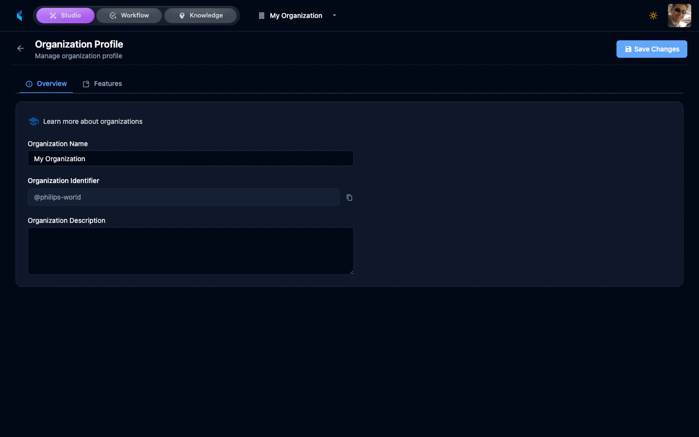 Organization Profile page showing name and description