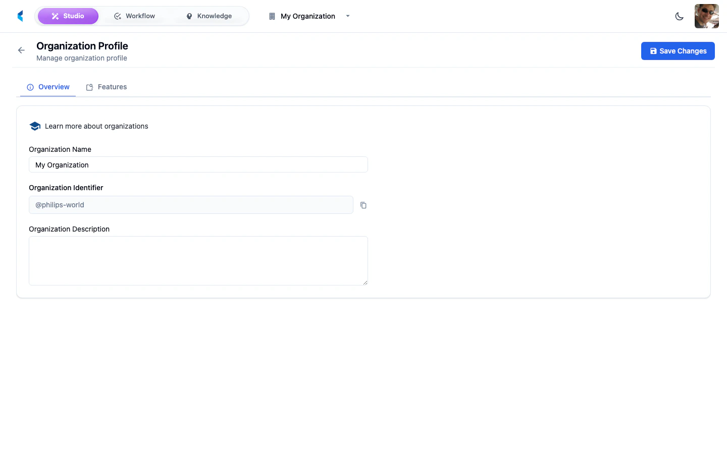 Organization Profile page showing name and description