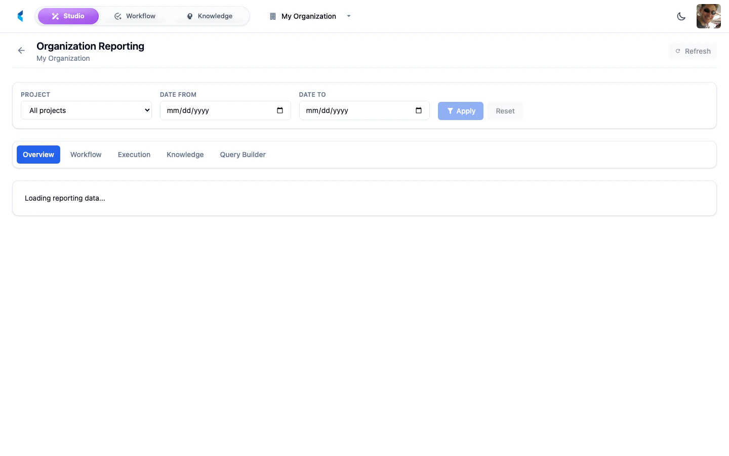 Reporting overview page showing KPI summary cards and navigation tabs