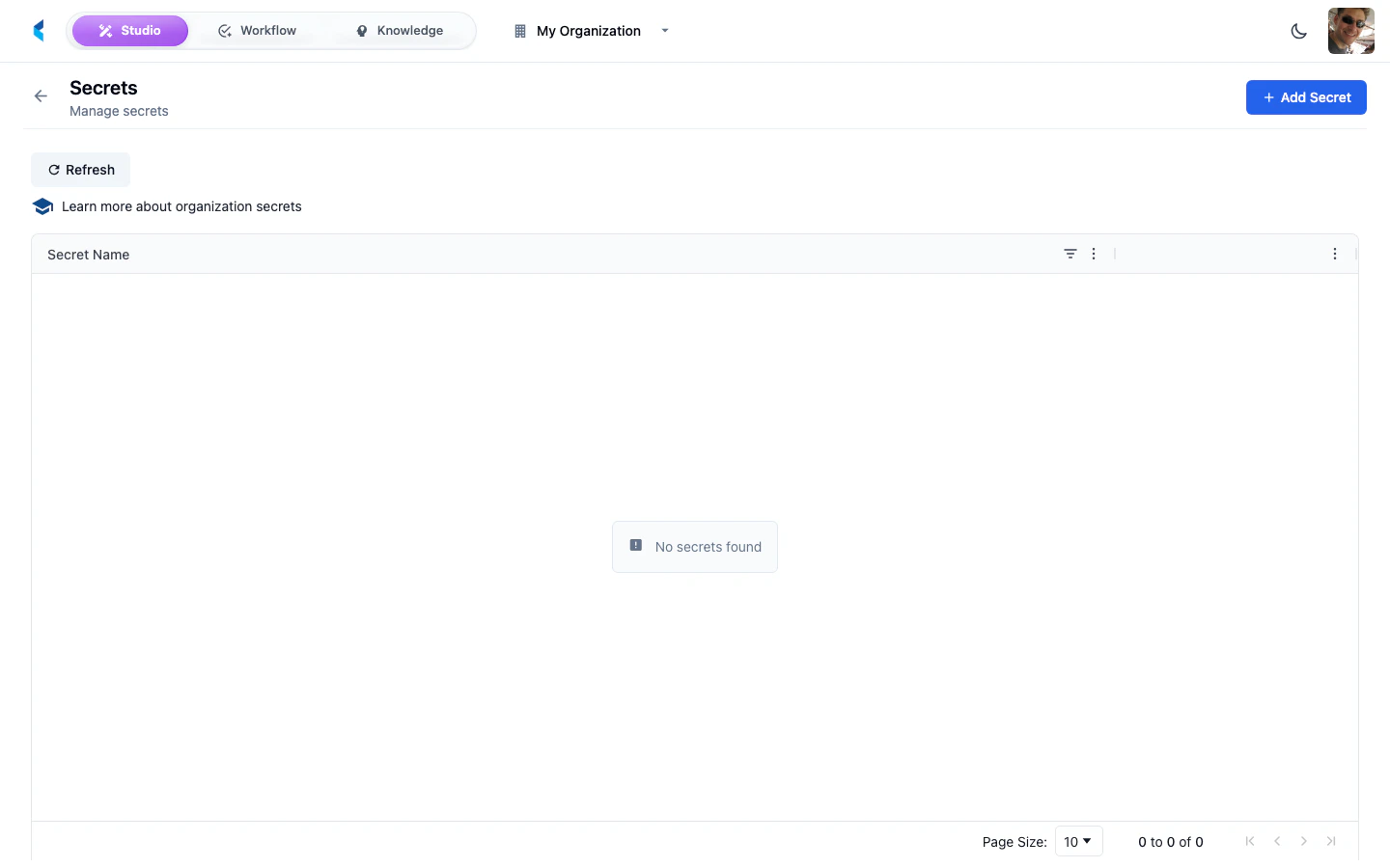 Secrets management page showing list of configured secrets with names and types