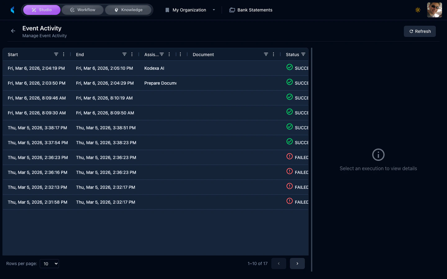 Event Activity page showing real-time event stream with timestamps, event types, and details