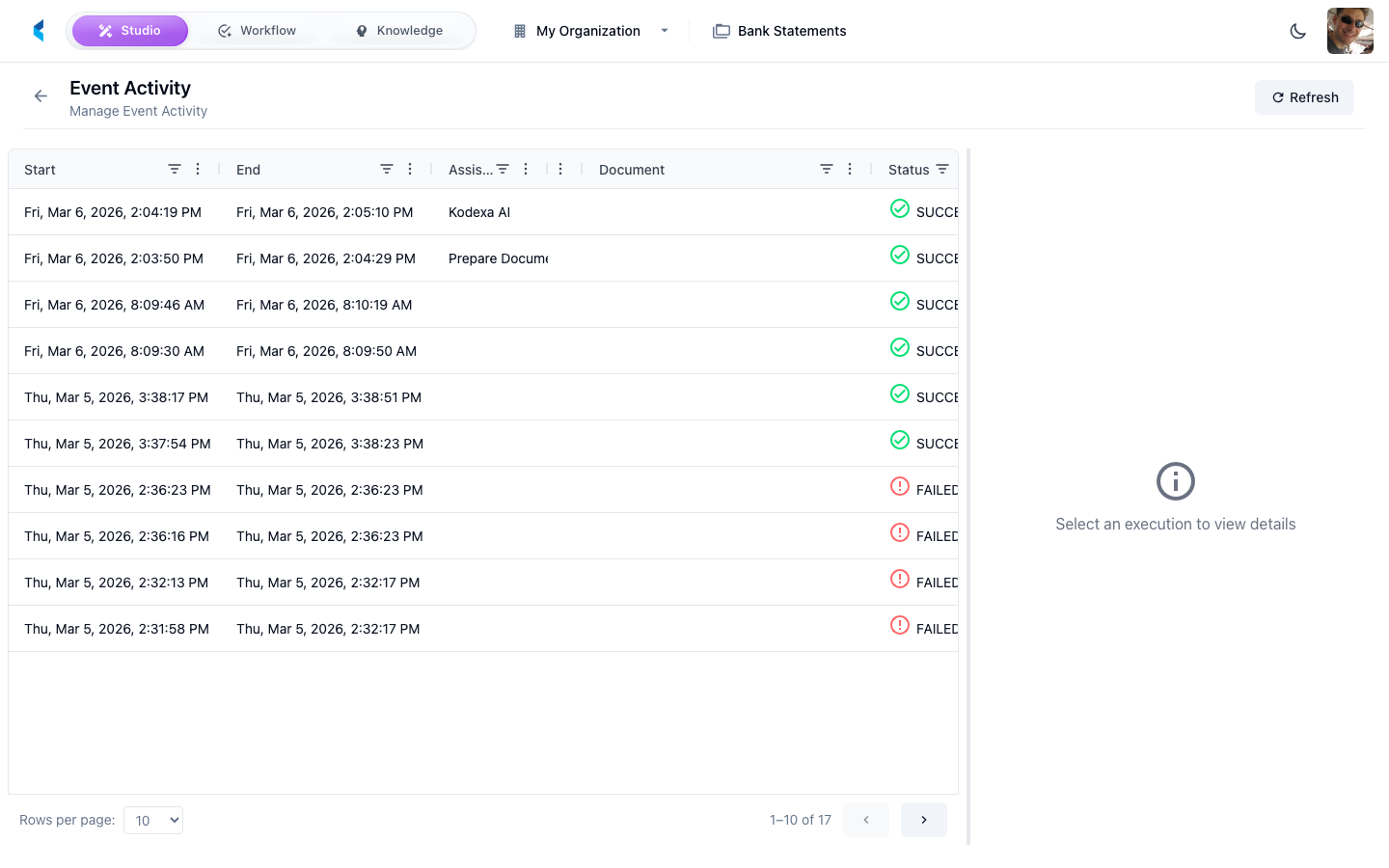Event Activity page showing real-time event stream with timestamps, event types, and details