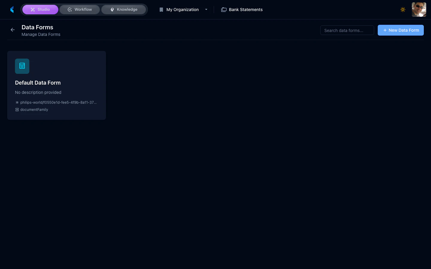Data Forms grid showing list of forms with names and descriptions
