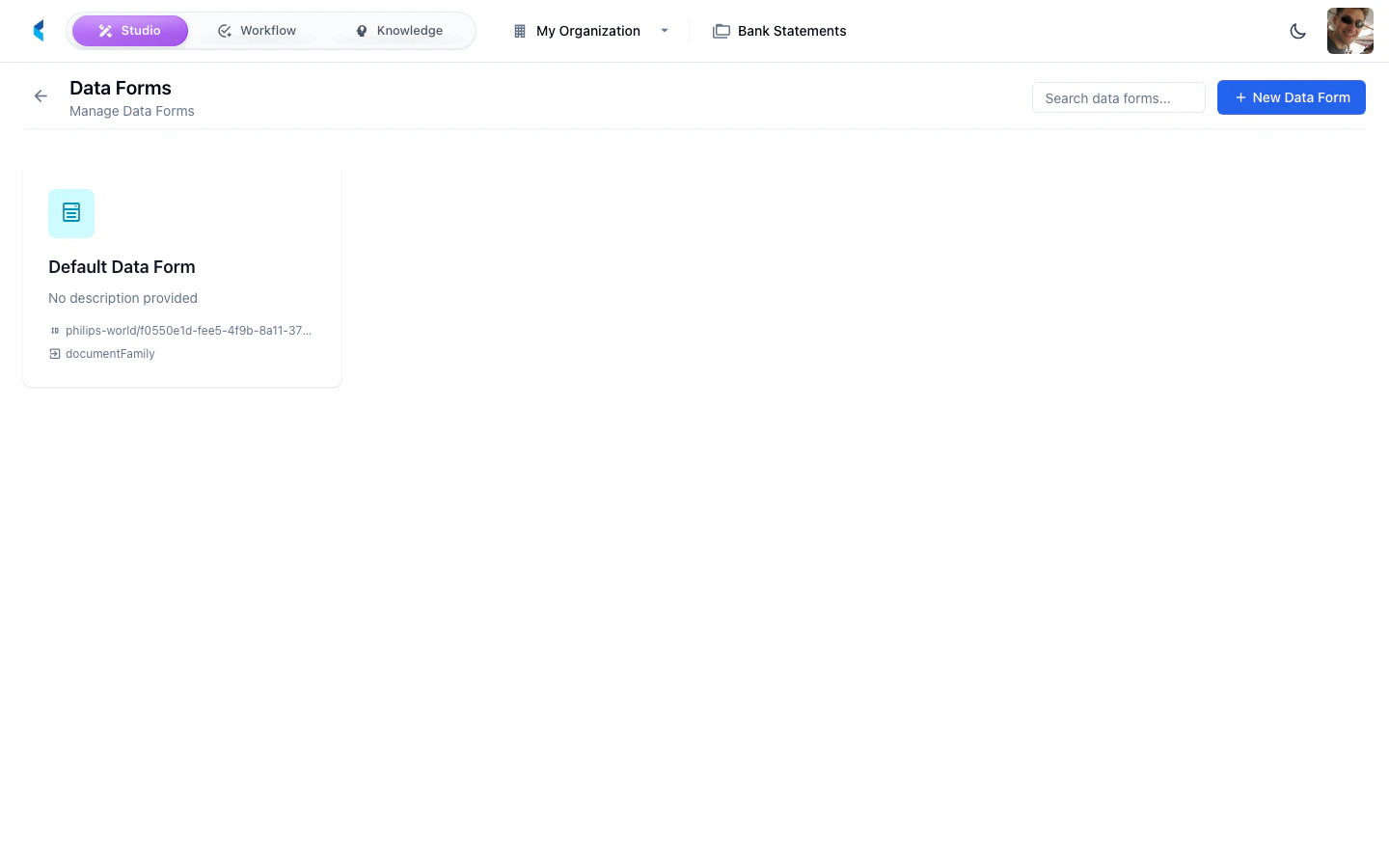 Data Forms grid showing list of forms with names and descriptions