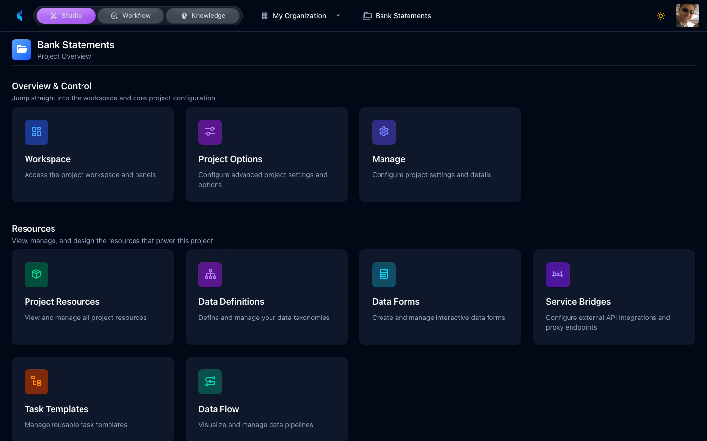 Project Home page showing all card groups: Overview & Control, Resources, Execution & Automation, and Templates & Metadata