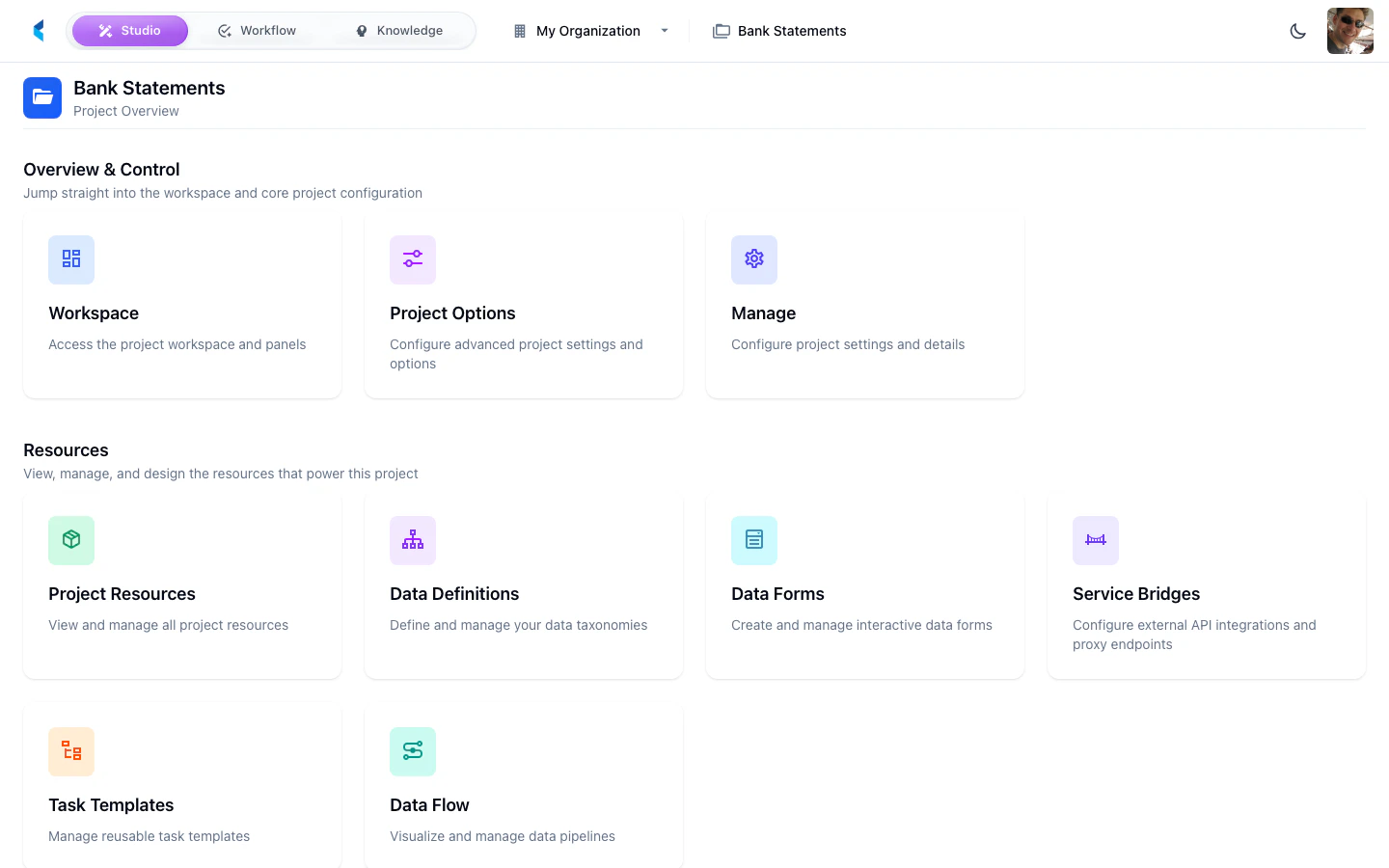 Project Home page showing all card groups: Overview & Control, Resources, Execution & Automation, and Templates & Metadata