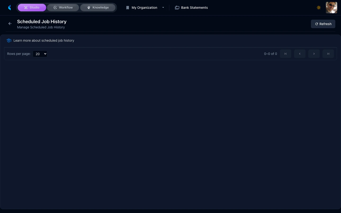 Scheduled Job History page showing list of past executions with timestamps, status, and duration