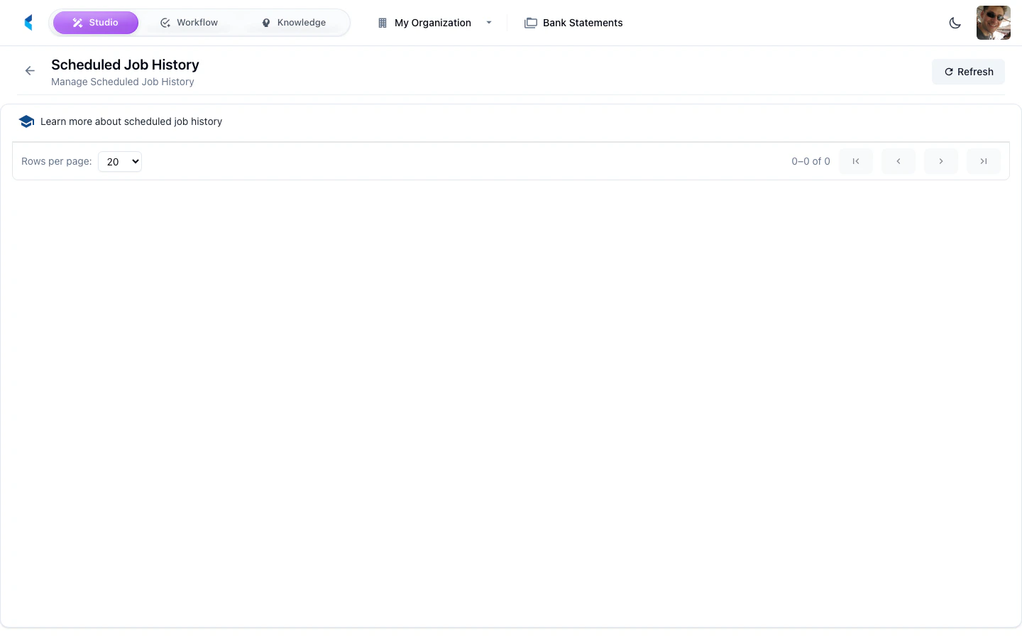 Scheduled Job History page showing list of past executions with timestamps, status, and duration