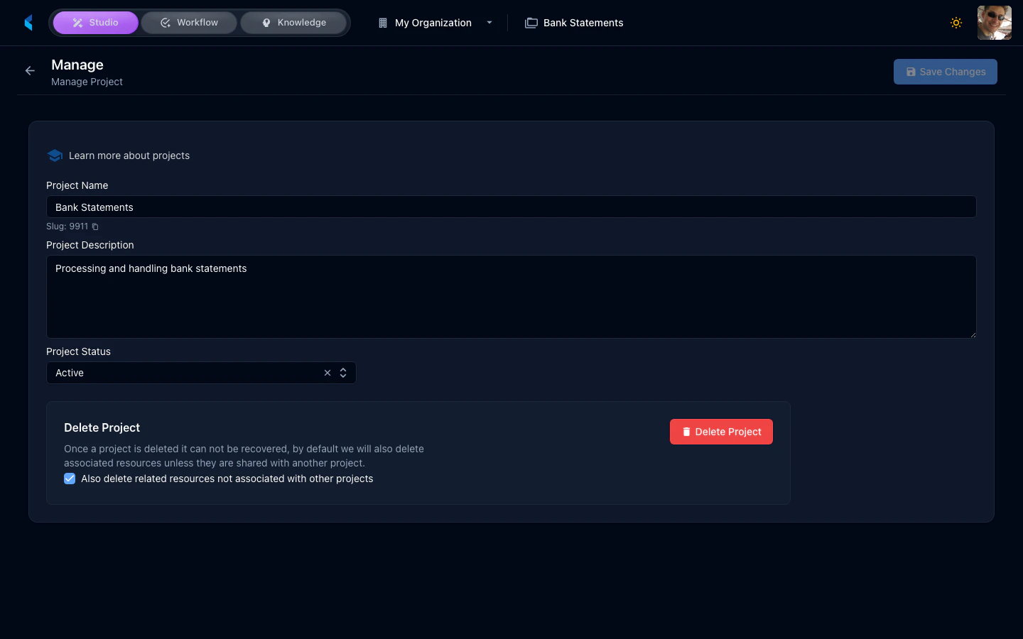 Project settings form showing name, description, owner, and status fields