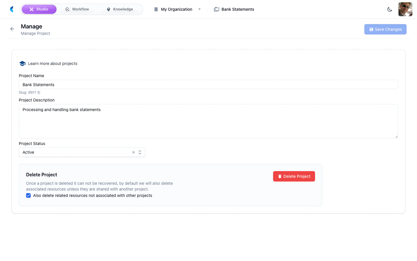 Project settings form showing name, description, owner, and status fields