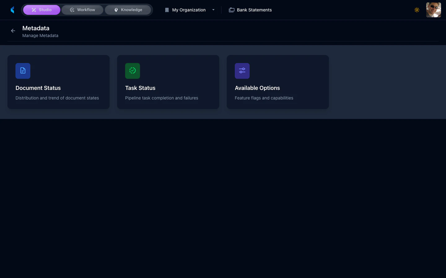 Metadata page showing available metadata categories