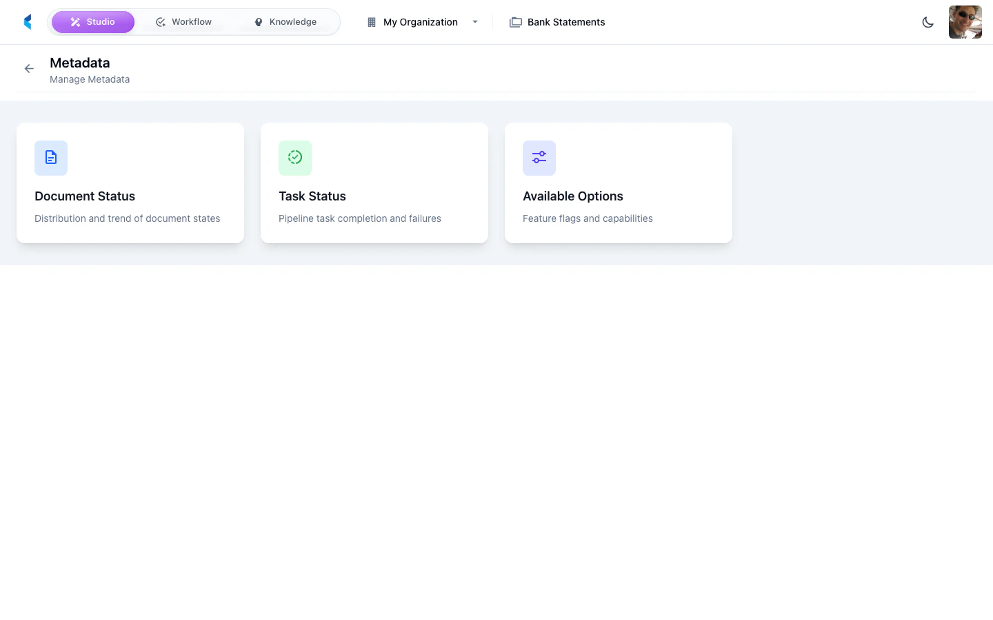 Metadata page showing available metadata categories