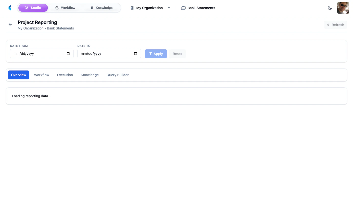 Project Reporting page showing dashboard tabs