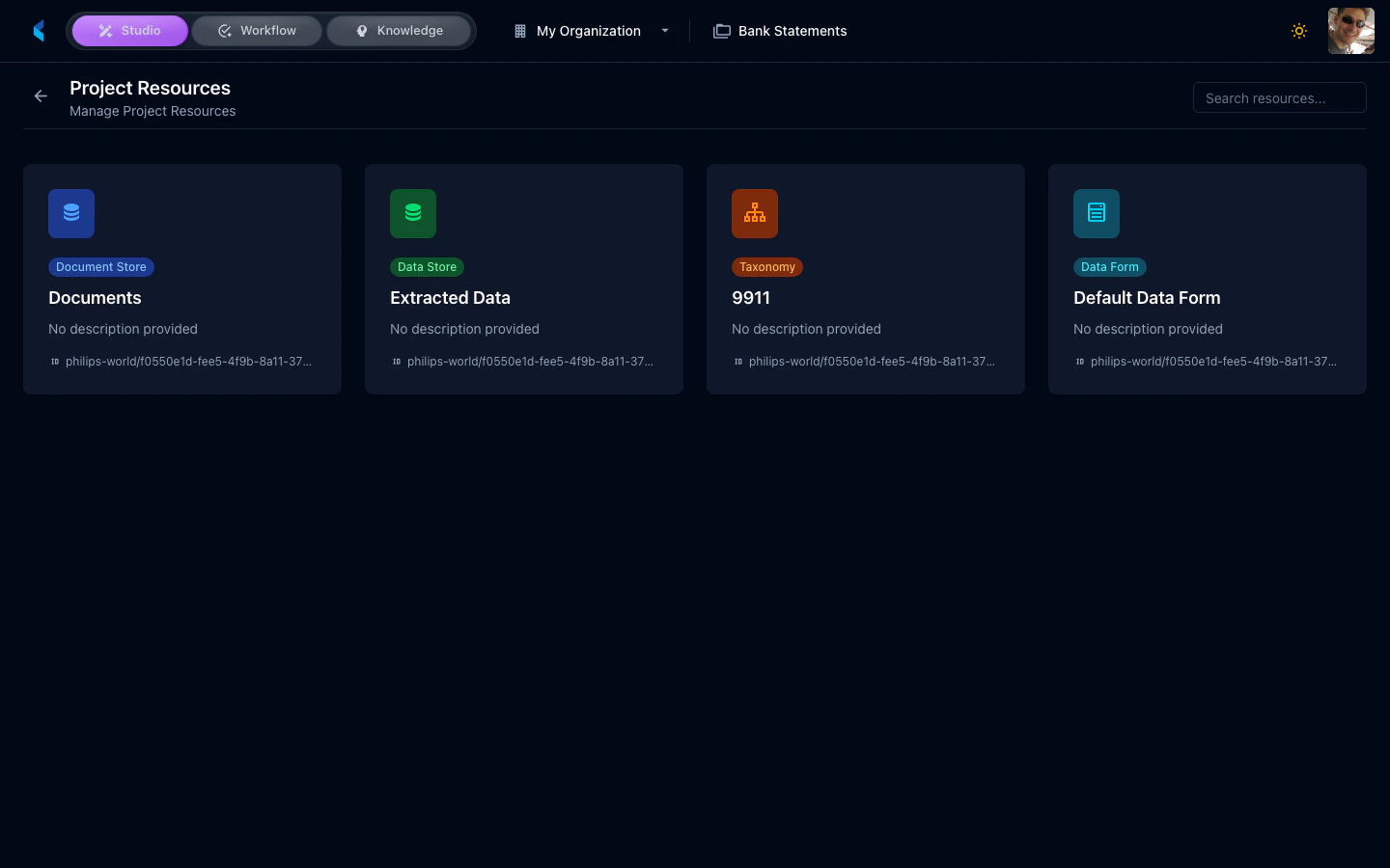Project Resources grid showing resource names, types, and statuses