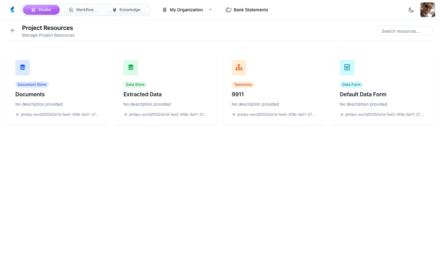 Project Resources grid showing resource names, types, and statuses