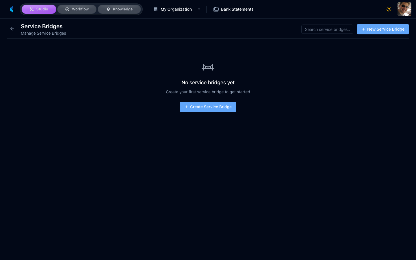 Service Bridges grid showing configured bridges with names, target URLs, and status