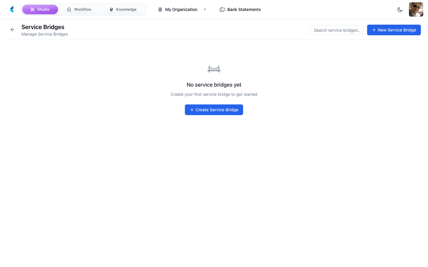 Service Bridges grid showing configured bridges with names, target URLs, and status