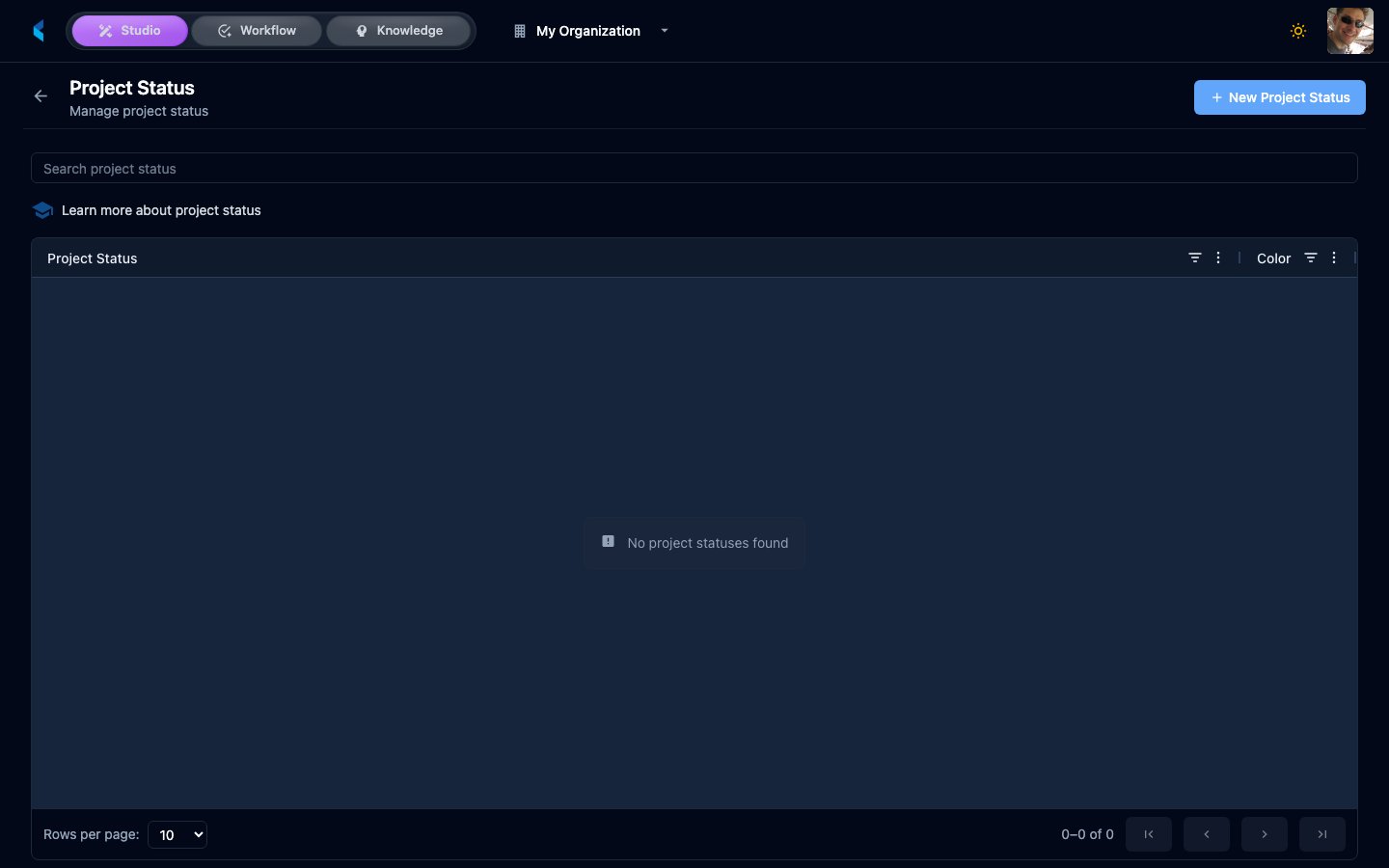 Project Statuses page showing list of configured status values with names and colors