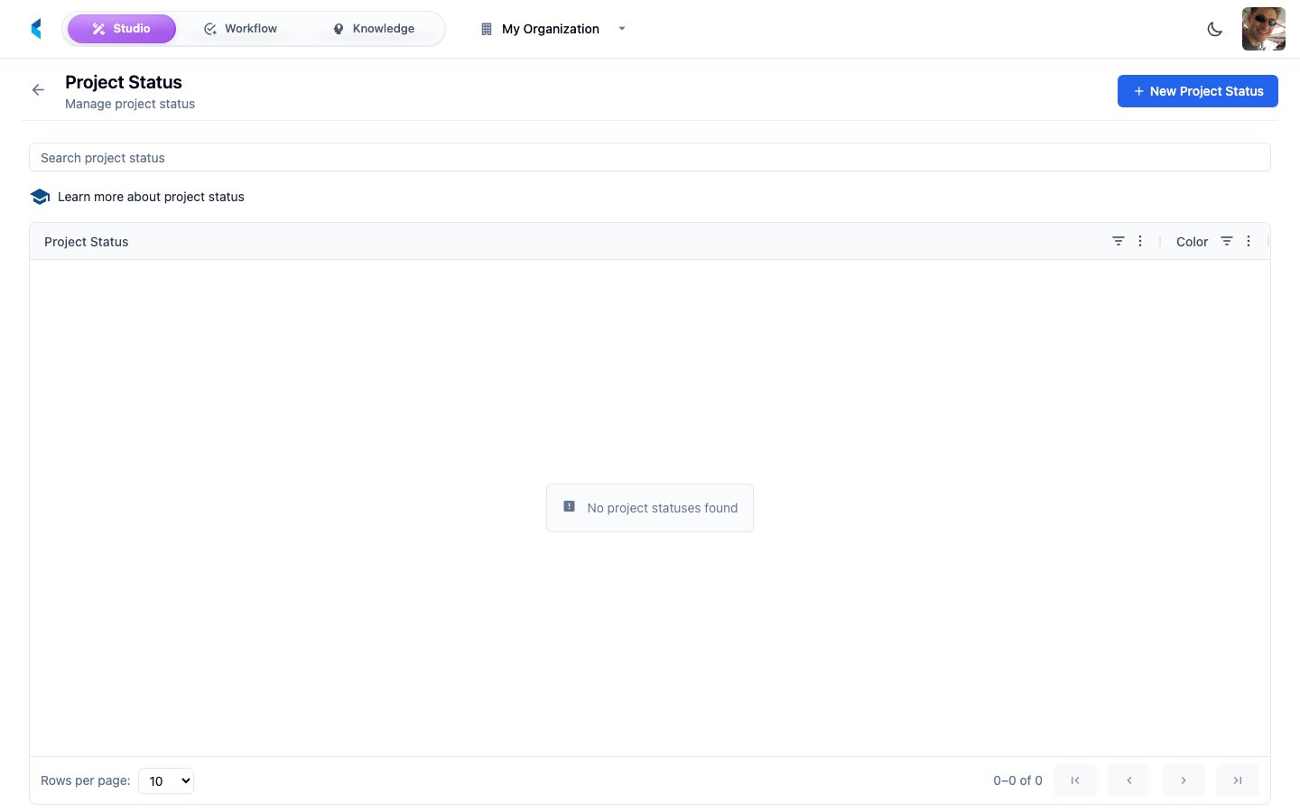 Project Statuses page showing list of configured status values with names and colors