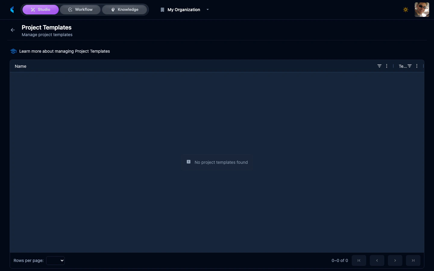 Project Templates list showing template names, descriptions, and associated resources