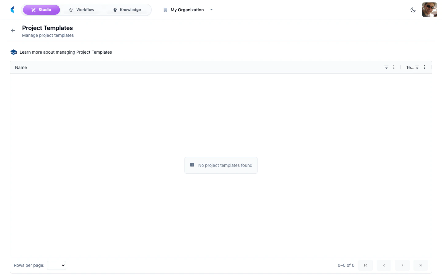 Project Templates list showing template names, descriptions, and associated resources