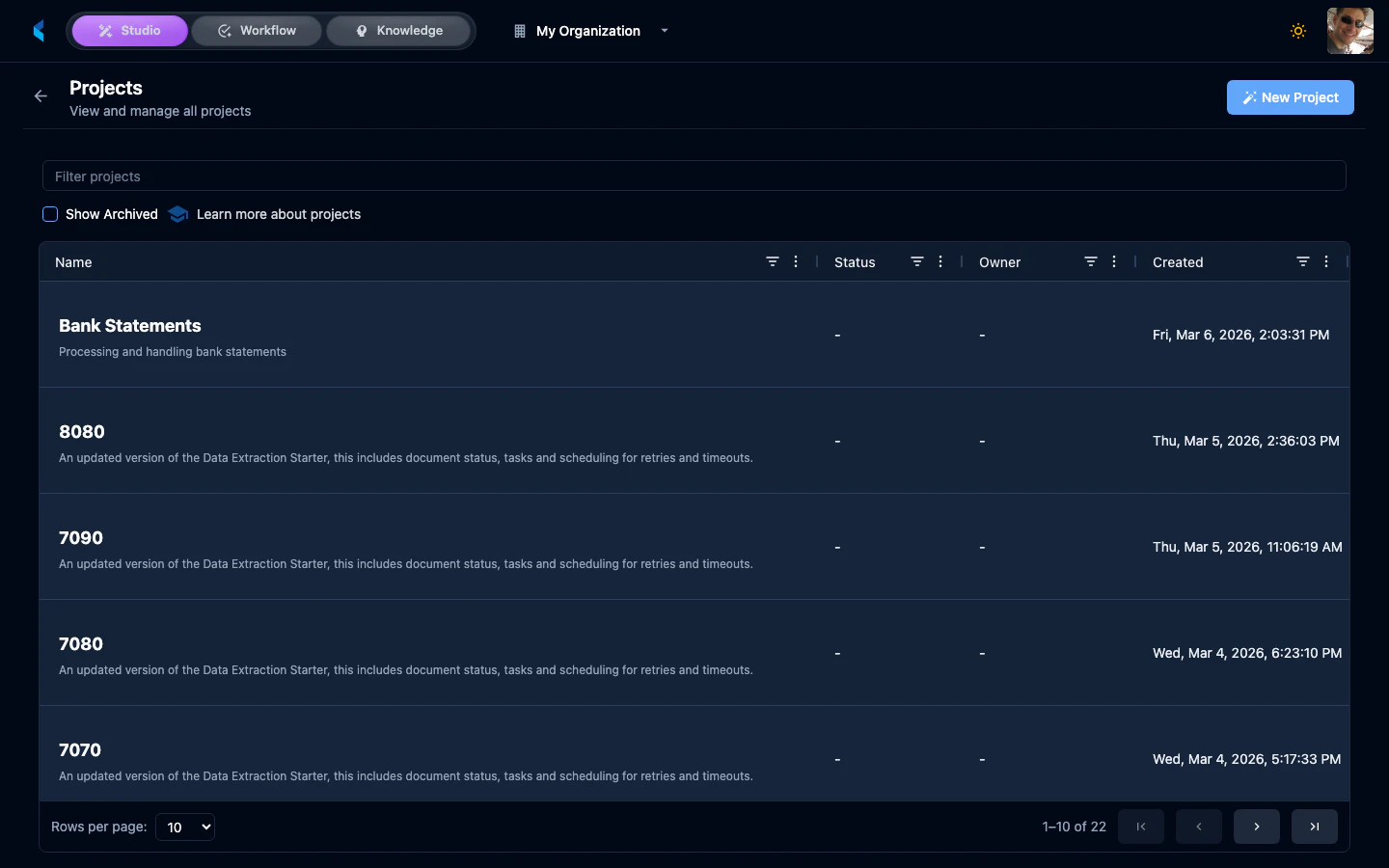 Projects list showing project cards or rows with names, status, document counts, and last activity