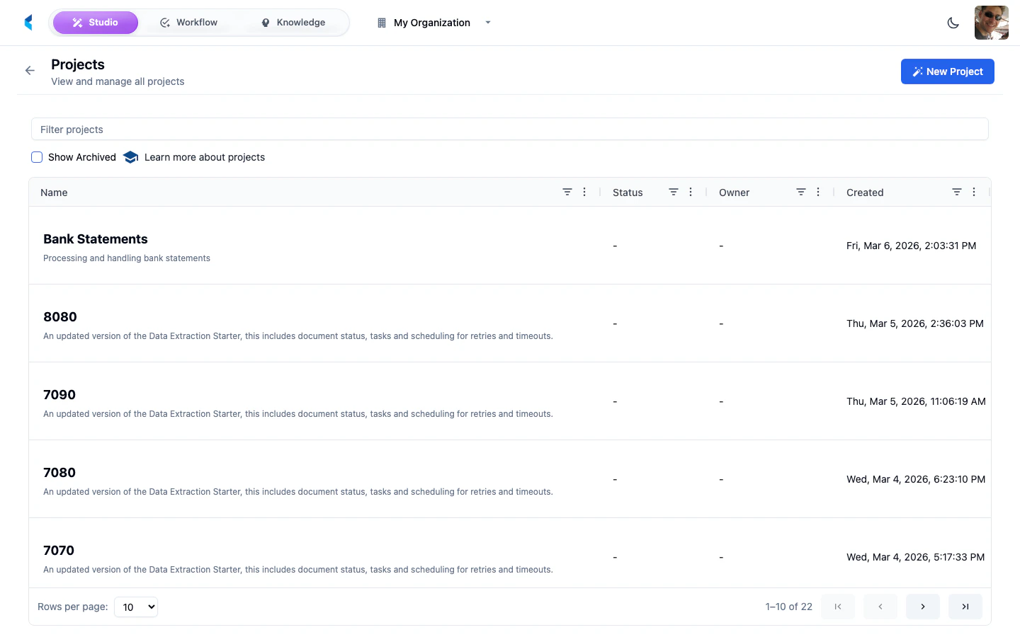 Projects list showing project cards or rows with names, status, document counts, and last activity