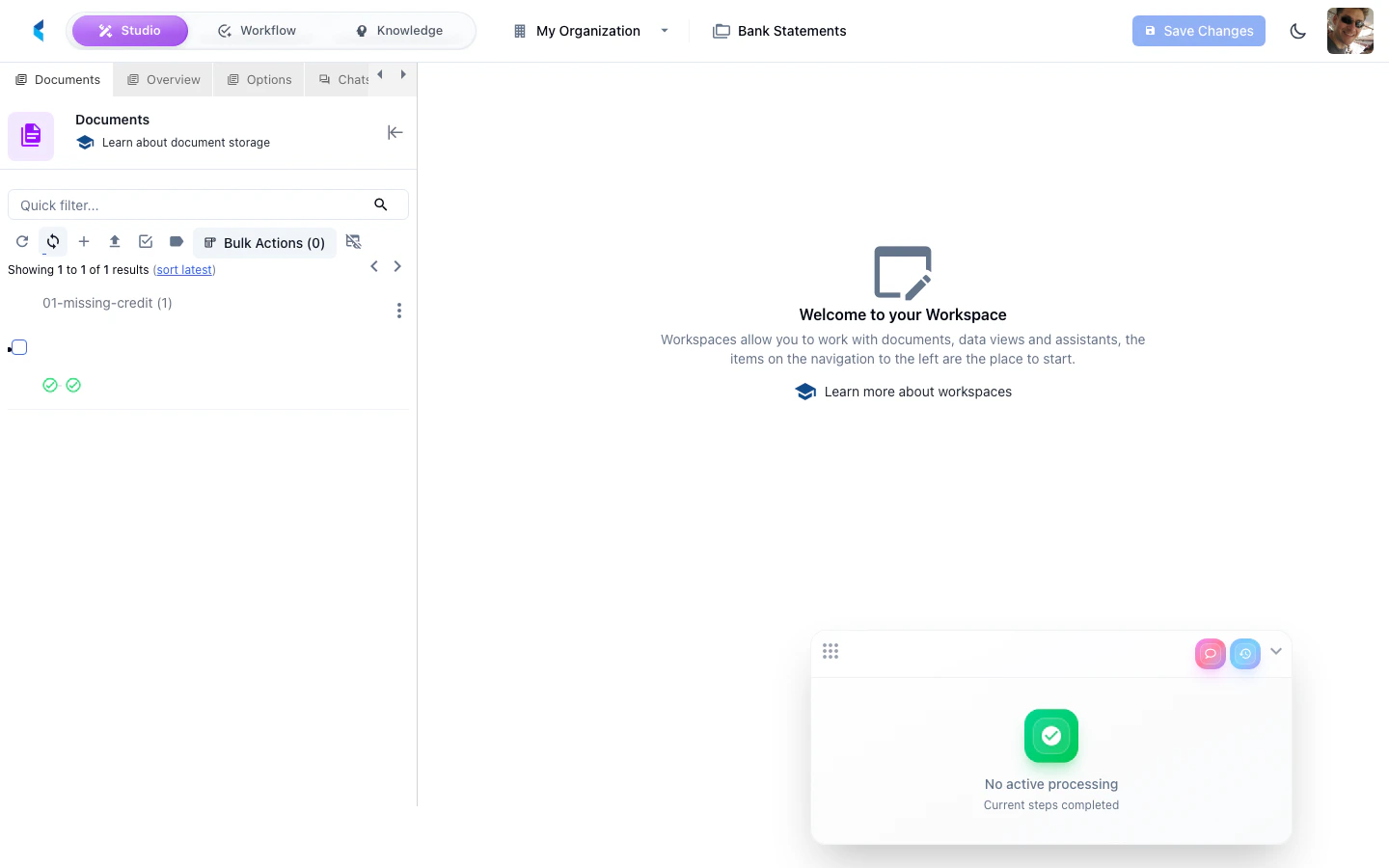 Full workspace view showing left panel sidebar, center document view, right sidecar, and chat pane