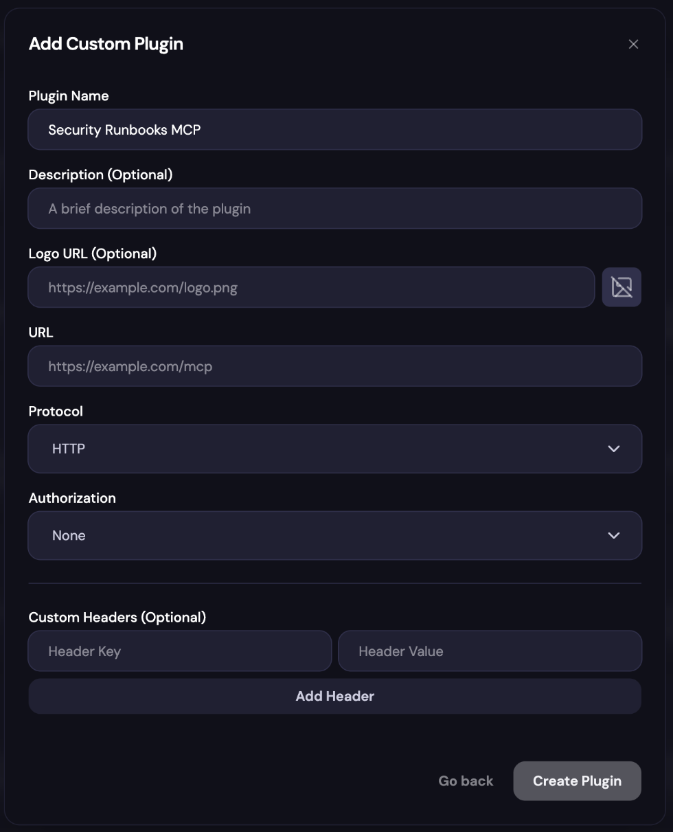 Add Custom Plugin form