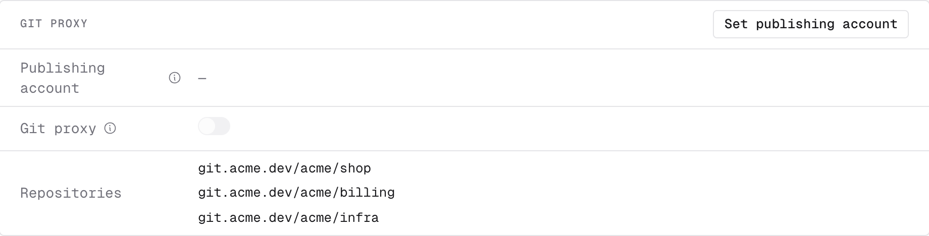 The Git proxy section of a Forgejo host before a publishing account is set