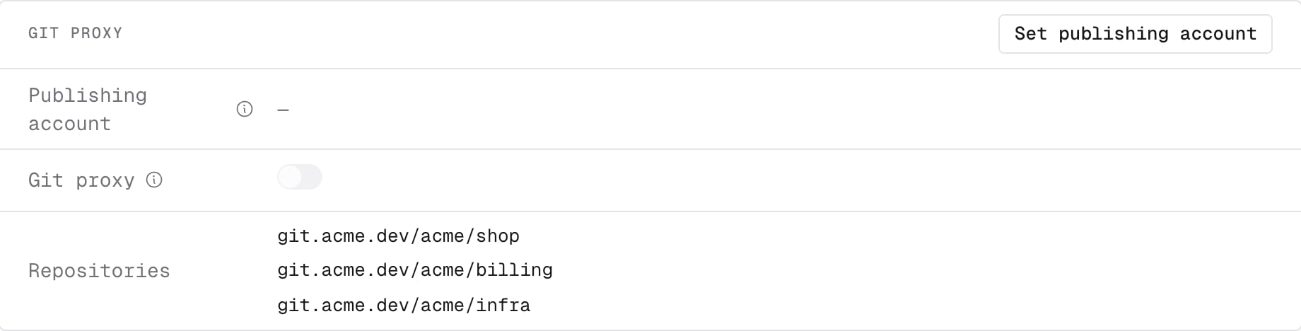 The Git proxy section of a Forgejo host before a publishing account is set