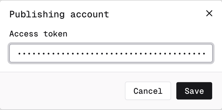 The Publishing account dialog with an access token pasted