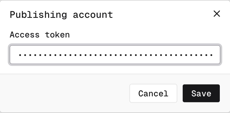 The Publishing account dialog with an access token pasted