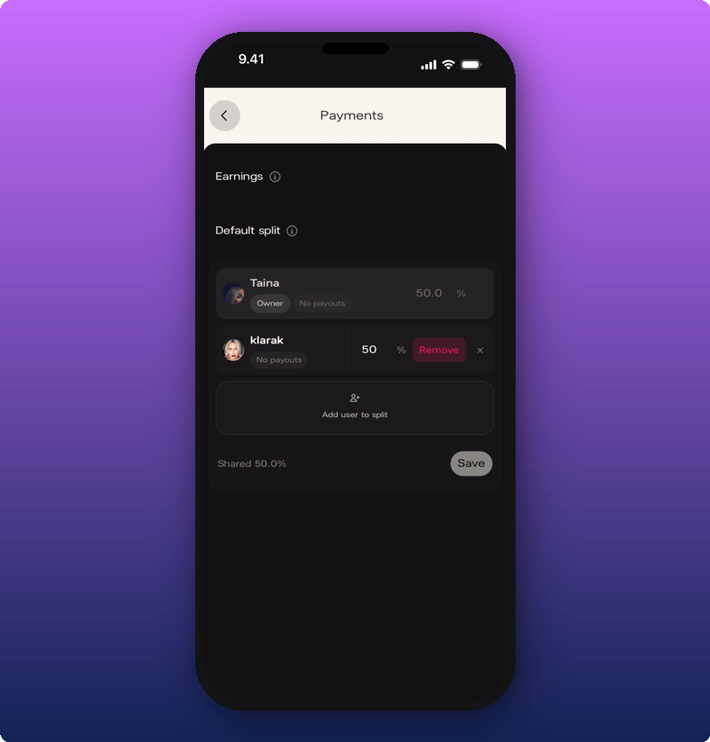 Payments screen with the default split being edited