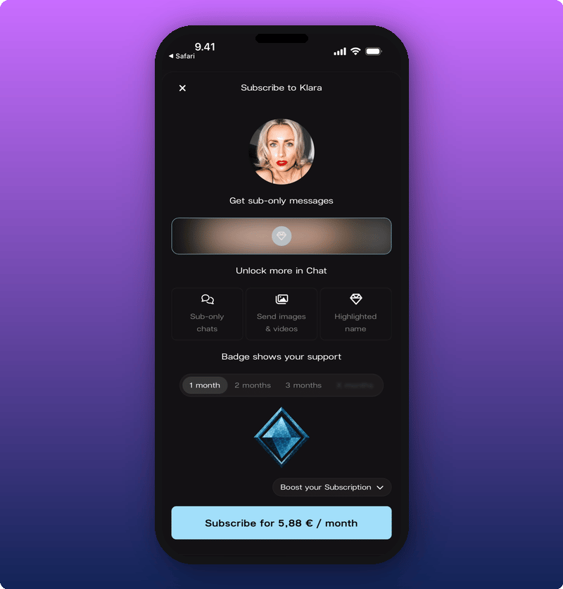 Subscribe modal showing the perks a fan gets