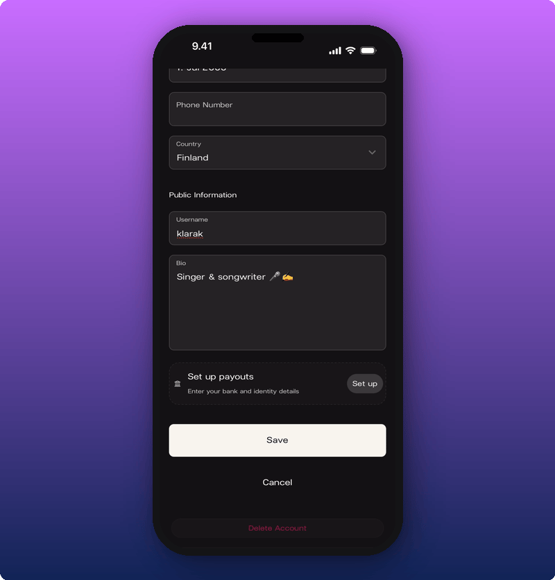 Edit profile showing Set up payouts