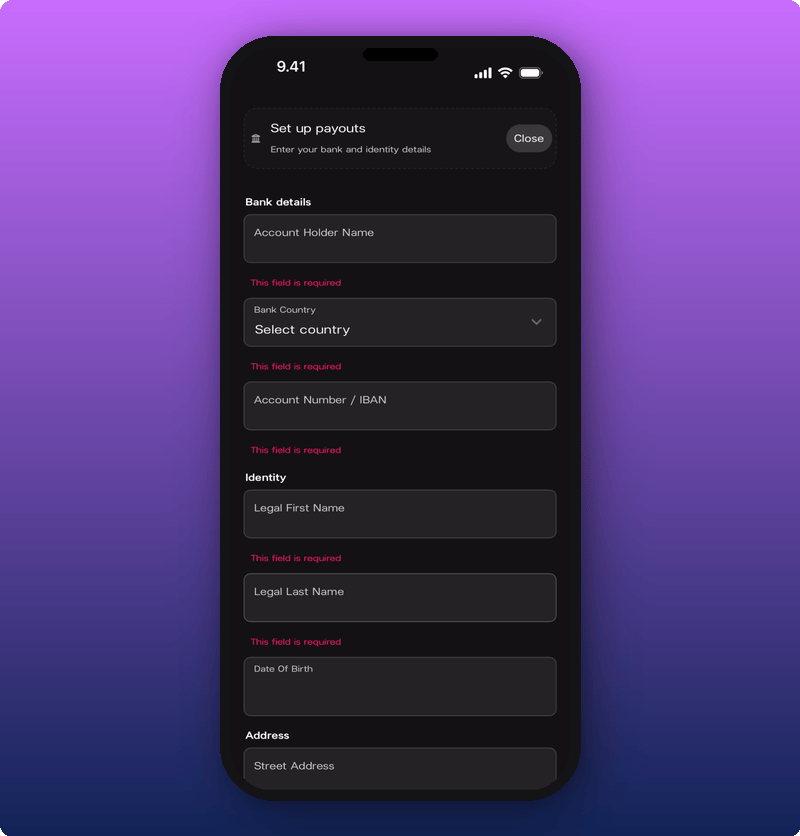 Payout form with bank details and identity fields