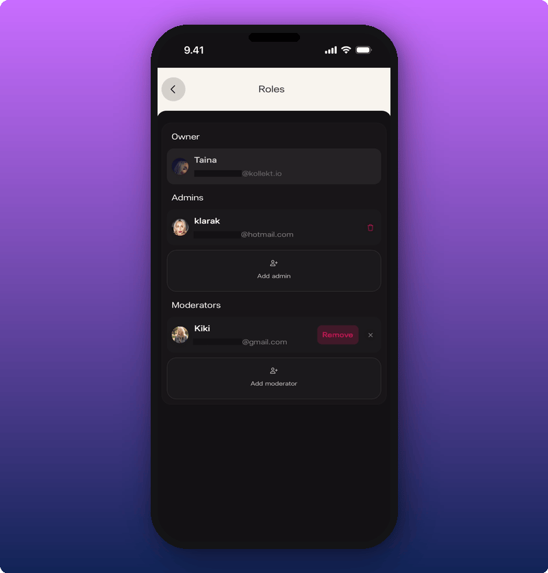 Roles screen with Owner, Admins, and Moderators
