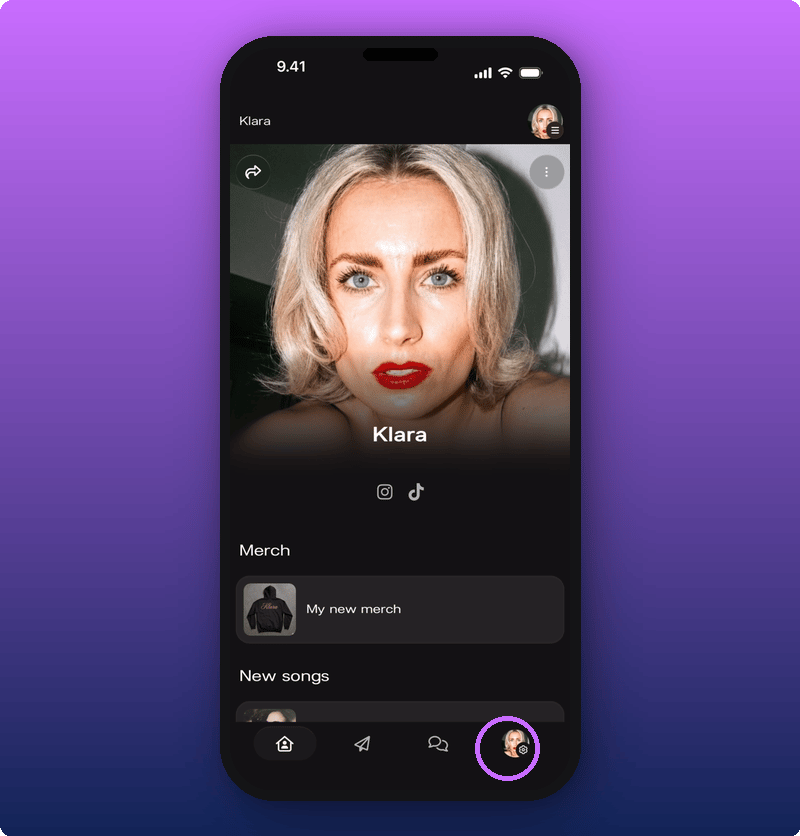 Settings icon at the bottom of the Artist page