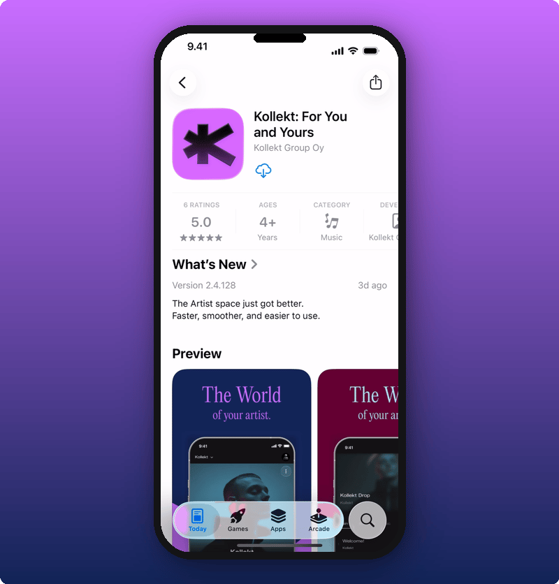 The Kollekt download page in the App Store