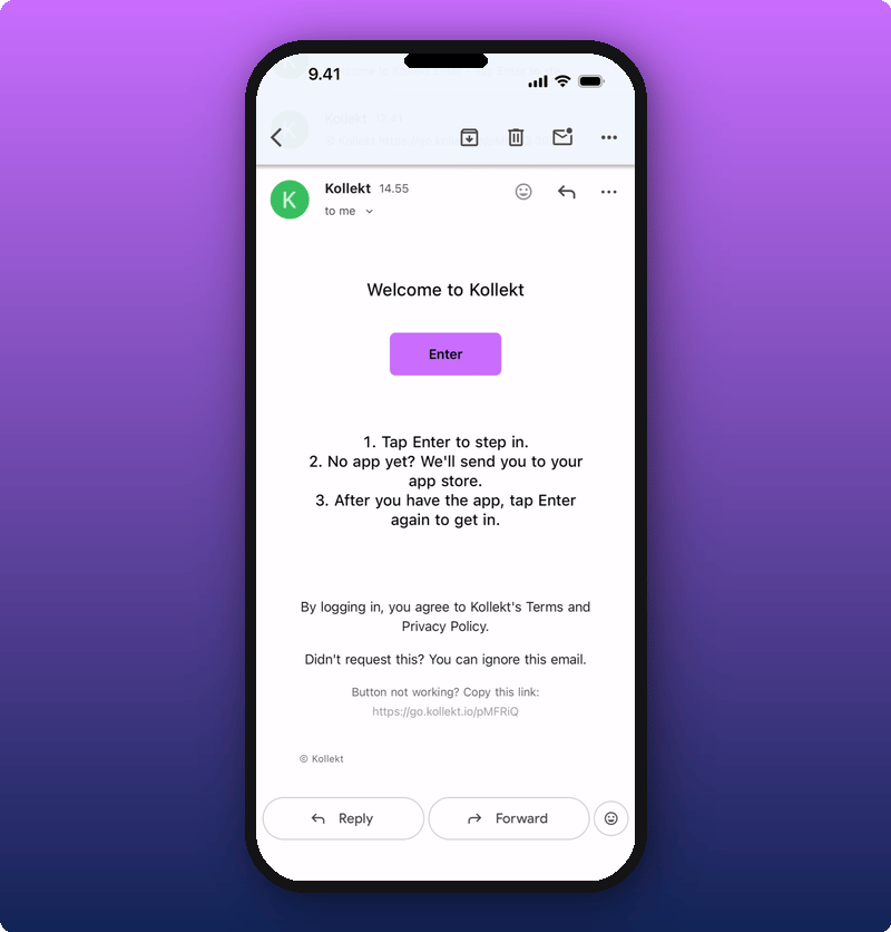 The Kollekt magic link email
