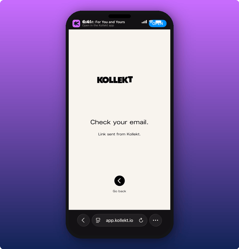The check-your-email confirmation screen