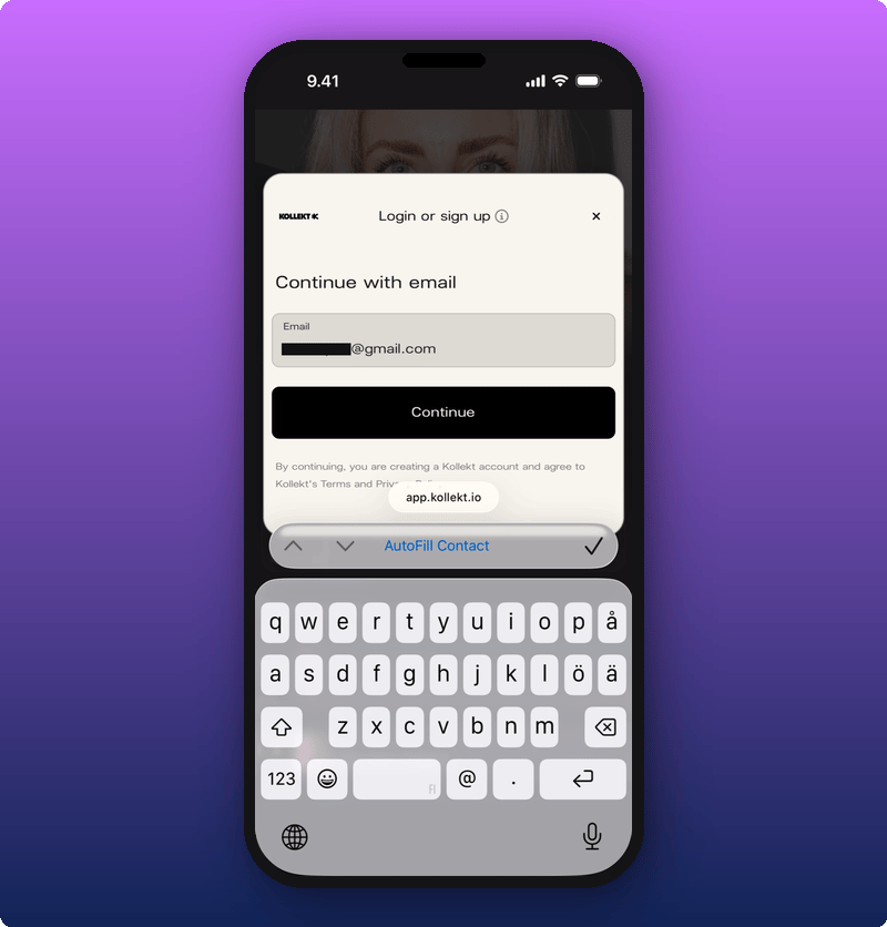 The login sheet with the email filled in