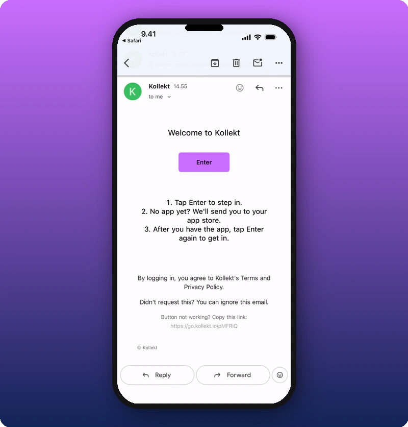 Magic link email from Kollekt