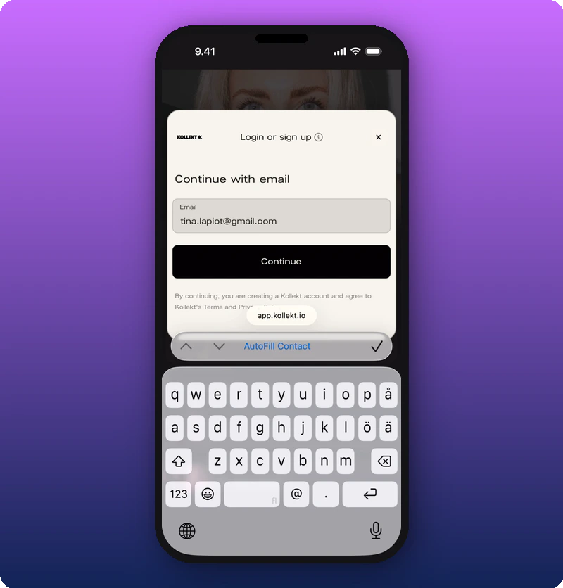 Login sheet with email filled in